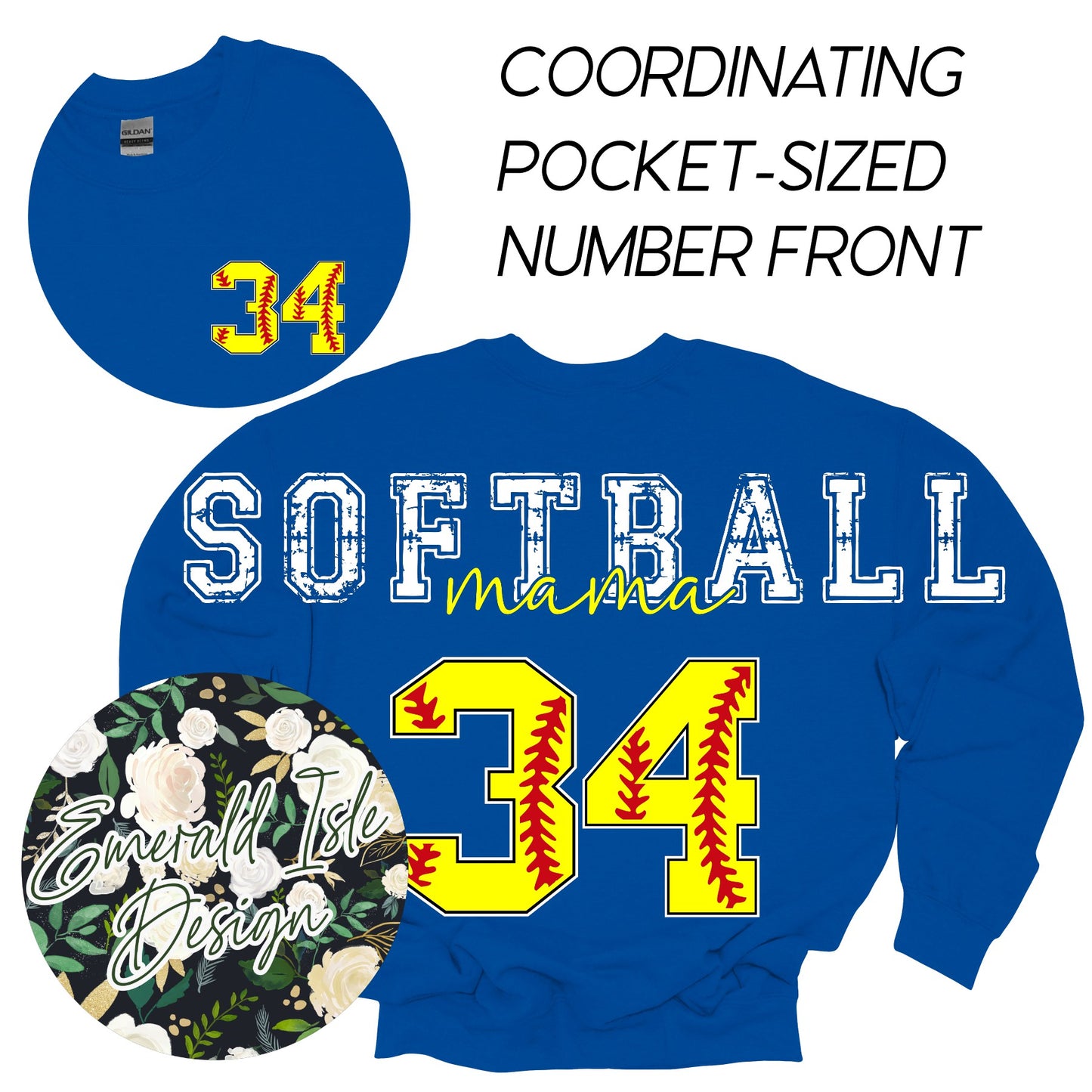 Custom Softball Mama Oversized Horizontal Design with Coordinating Pocket-Sized Number Front on Crewnecks or Hoodies
