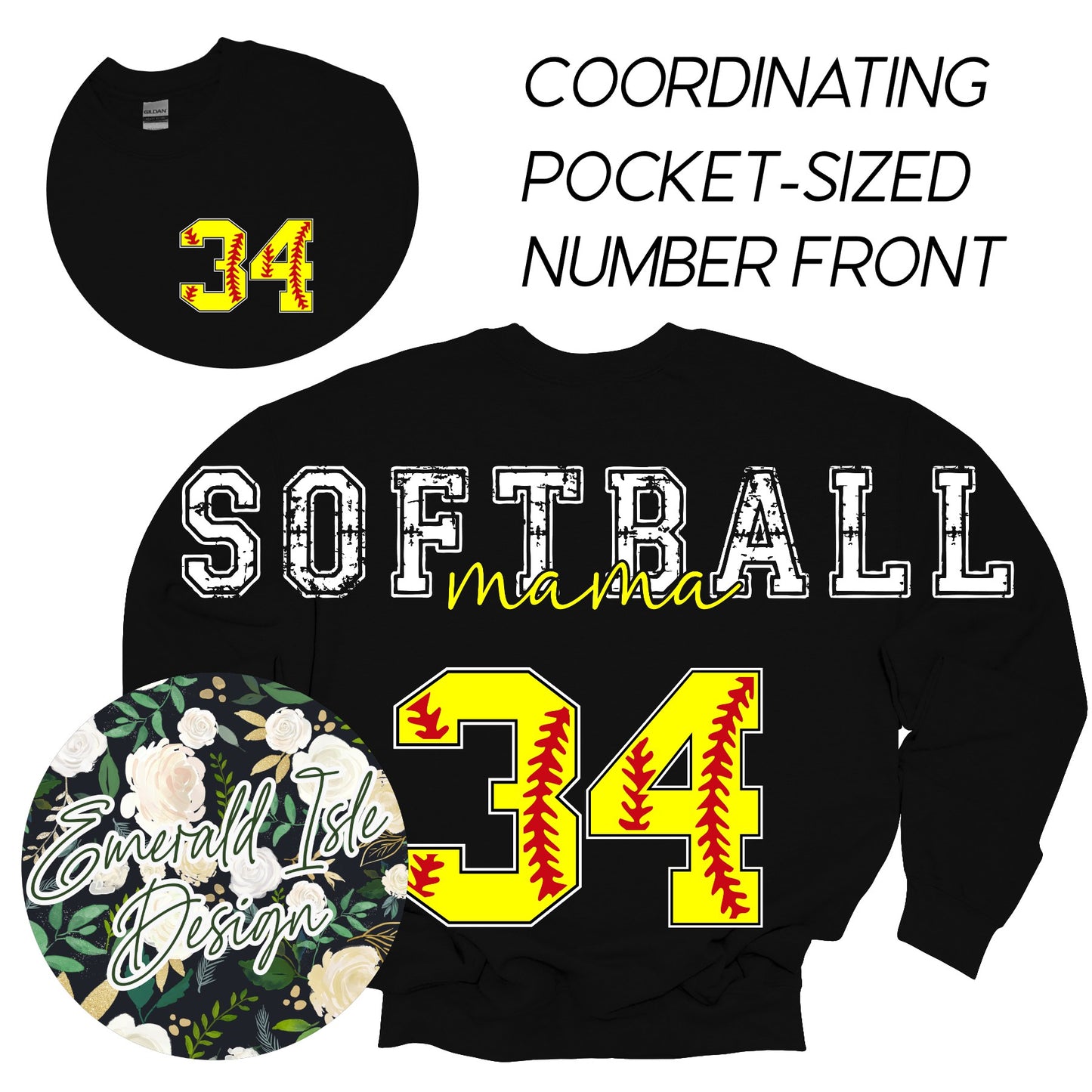 Custom Softball Mama Oversized Horizontal Design with Coordinating Pocket-Sized Number Front on Crewnecks or Hoodies