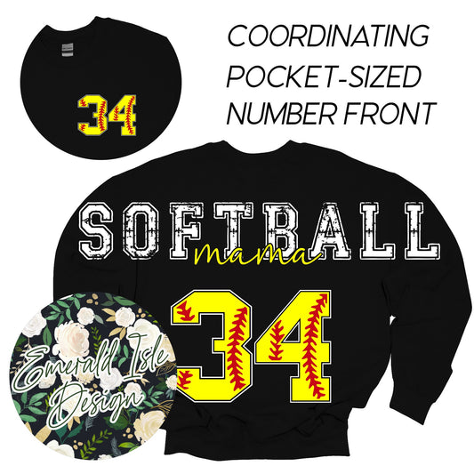 Custom Softball Mama Oversized Horizontal Design with Coordinating Pocket-Sized Number Front on Crewnecks or Hoodies