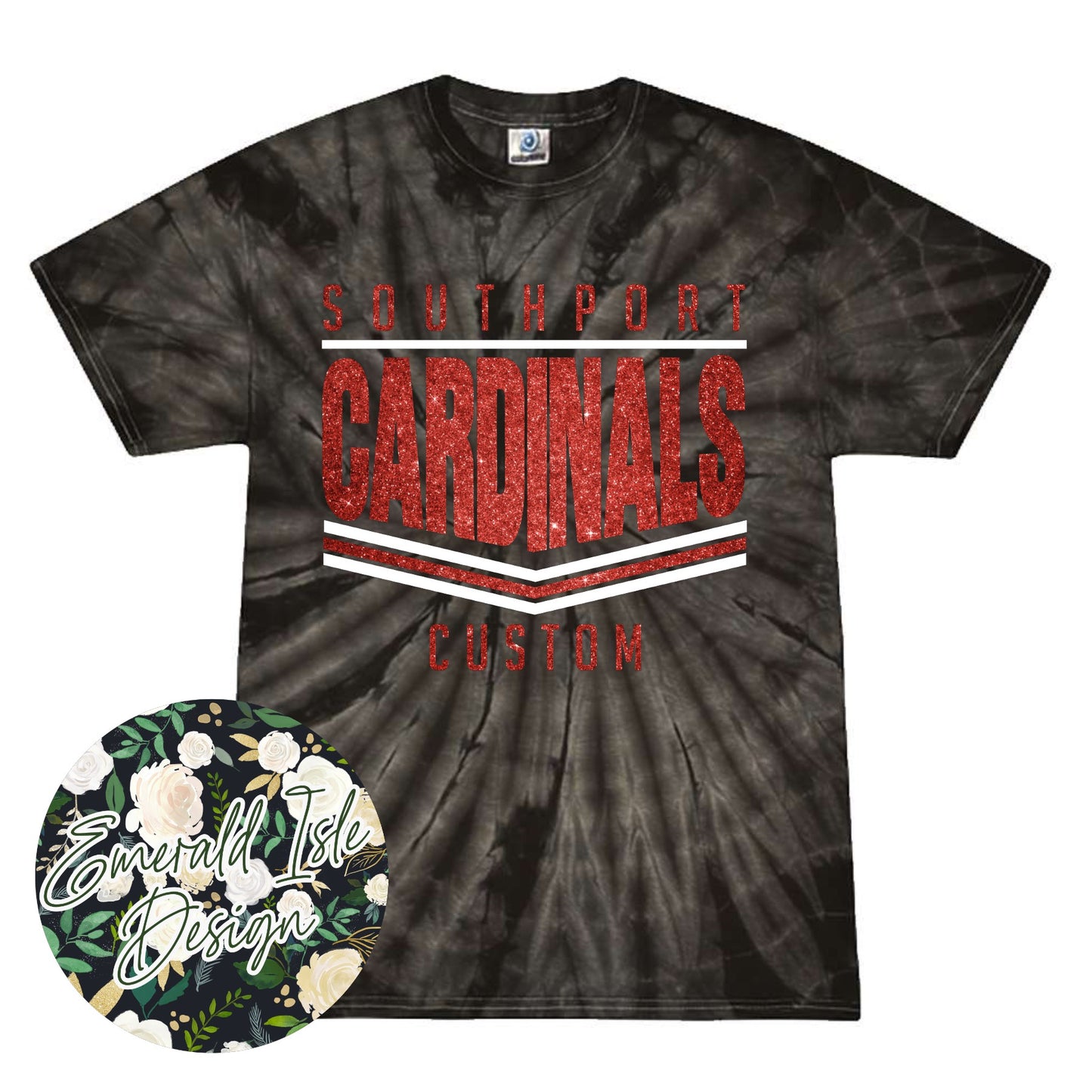 Southport Cardinals Glitter Stripes Design on Tie Dye with Option for Custom Word at the Bottom