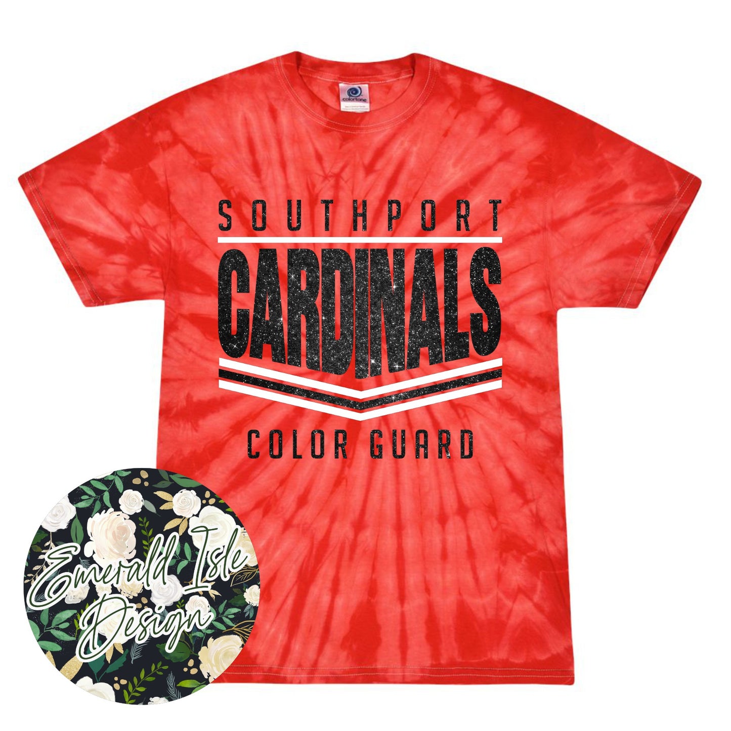 Southport Cardinals Glitter Stripes Design on Tie Dye with Option for Custom Word at the Bottom