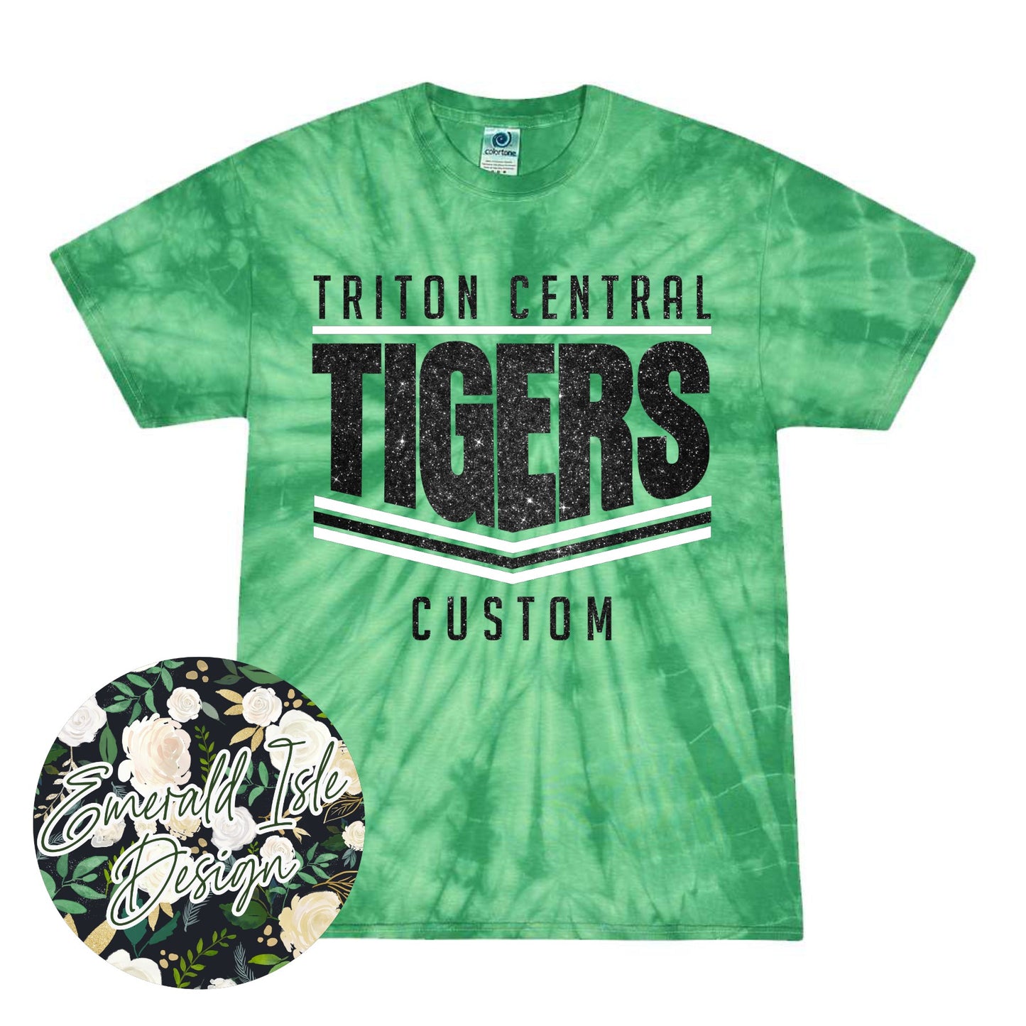 Triton Central Tigers Glitter Stripes Design on Tie Dye with Option for Custom Word at the Bottom