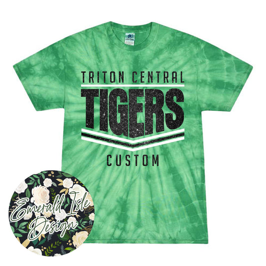 Triton Central Tigers Glitter Stripes Design on Tie Dye with Option for Custom Word at the Bottom