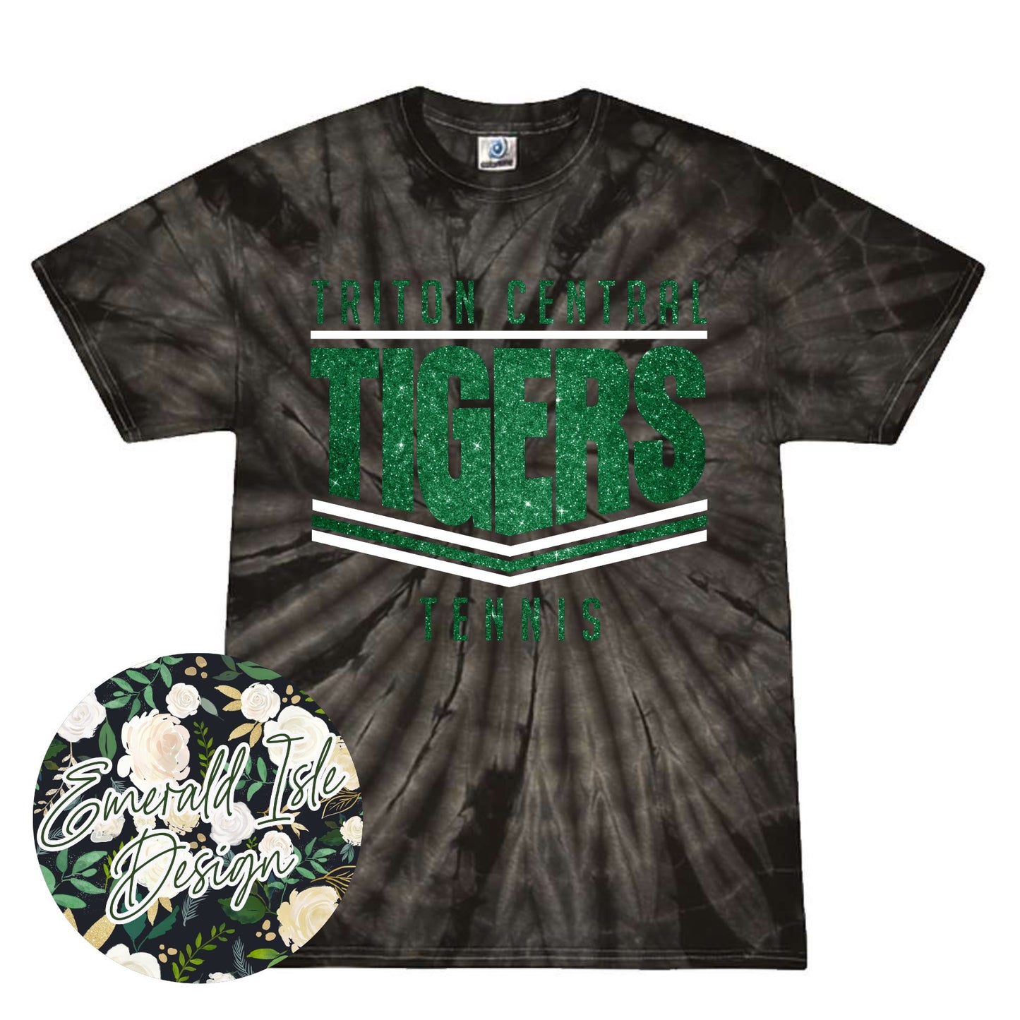 Triton Central Tigers Glitter Stripes Design on Tie Dye with Option for Custom Word at the Bottom