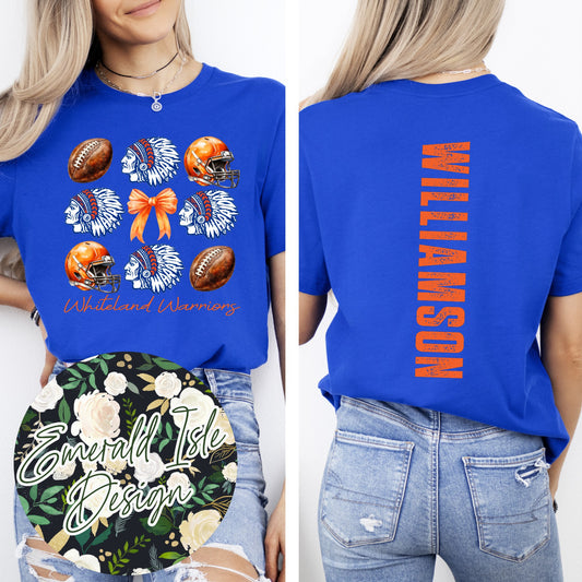 Whiteland Warriors Football Coquette Square Design with OPTION TO ADD a Custom Oversized Back